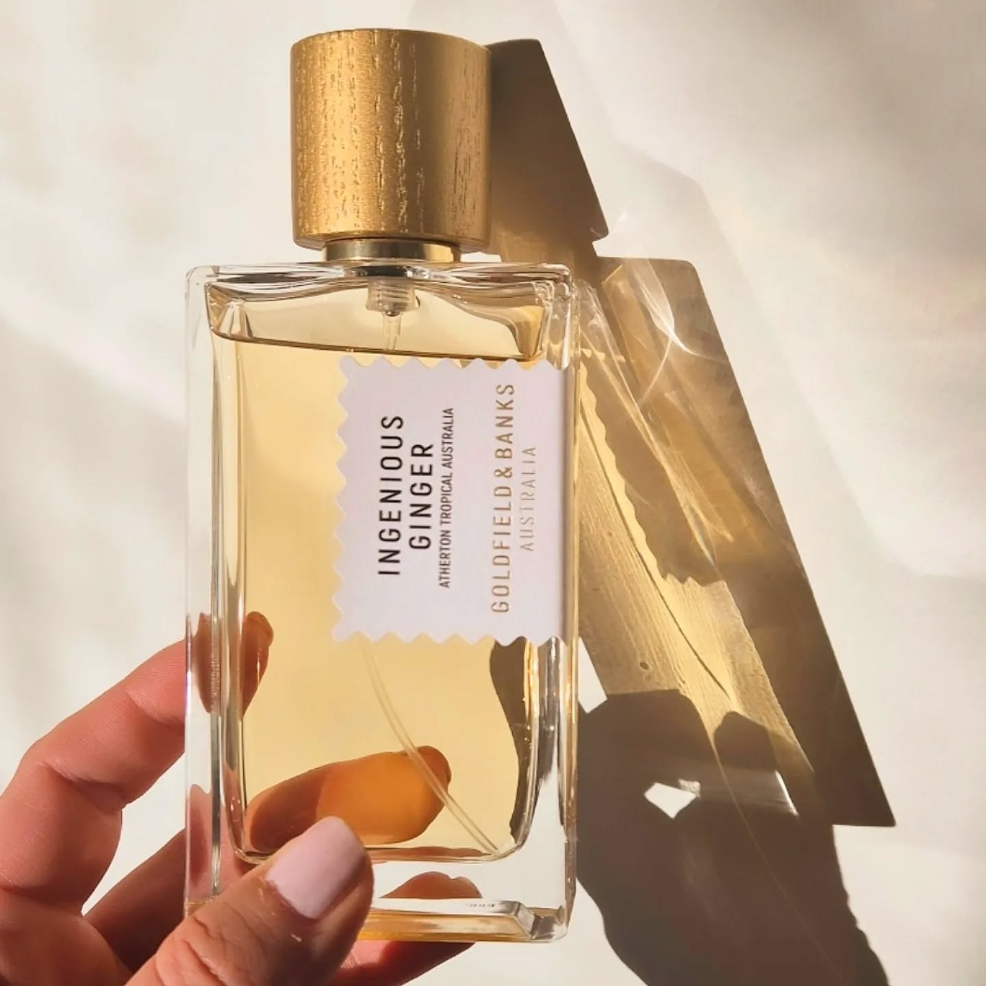 Ingenious Ginger by Goldfield & Banks Australia perfume bottle held in hand with warm golden sunlight and shadow reflections.