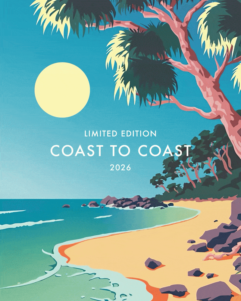 Limited Edition Coast to Coast 2026 illustrated artwork featuring a serene Australian beach with turquoise waters, golden sand, native coastal trees, and a bright sun inspired by Australia's natural landscapes.