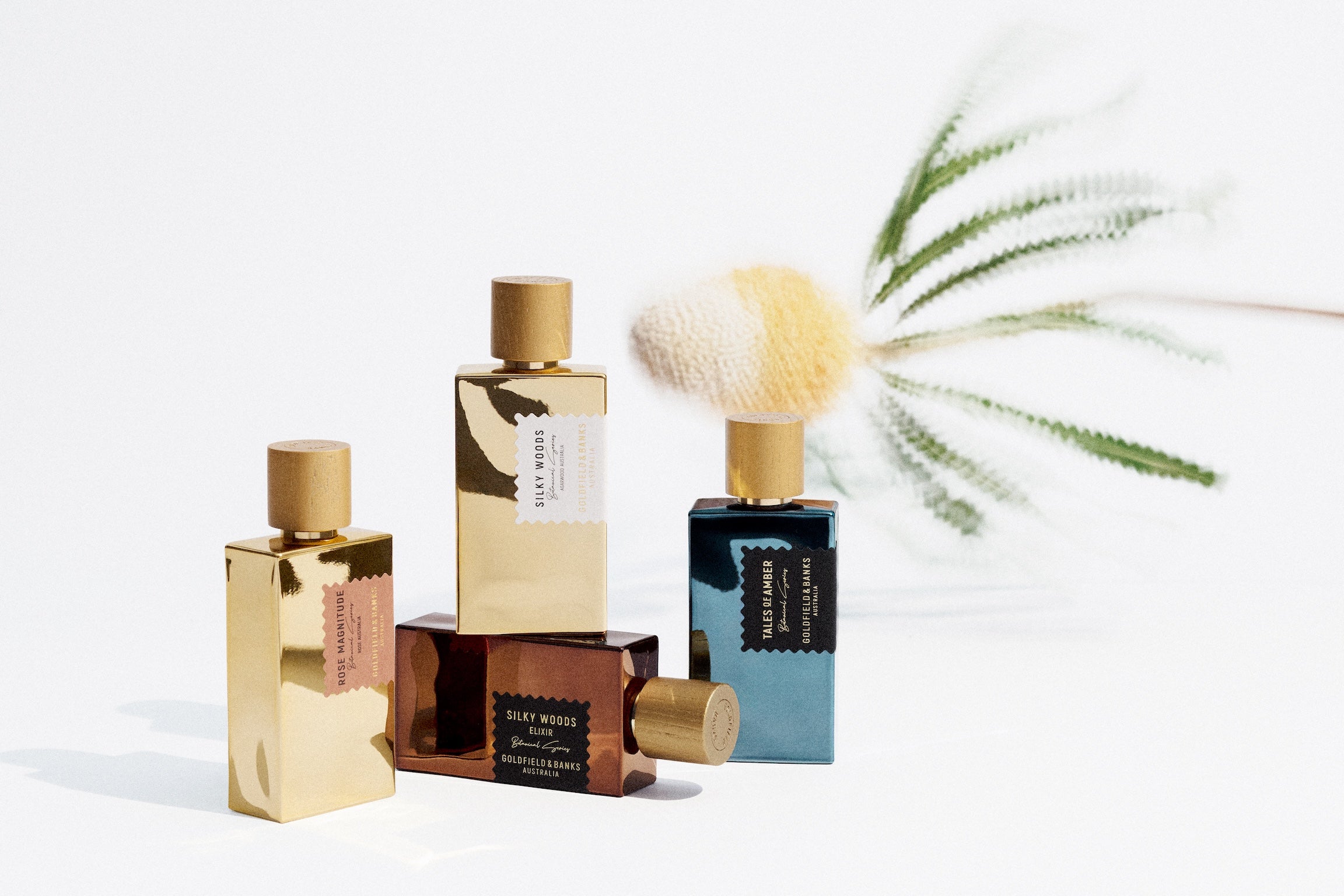 Goldfield & Banks luxury perfume bottles including Silky Woods, Silky Woods Elixir, Rose Magnitude, and Tales of Amber displayed with Australian native flowers on a clean white background