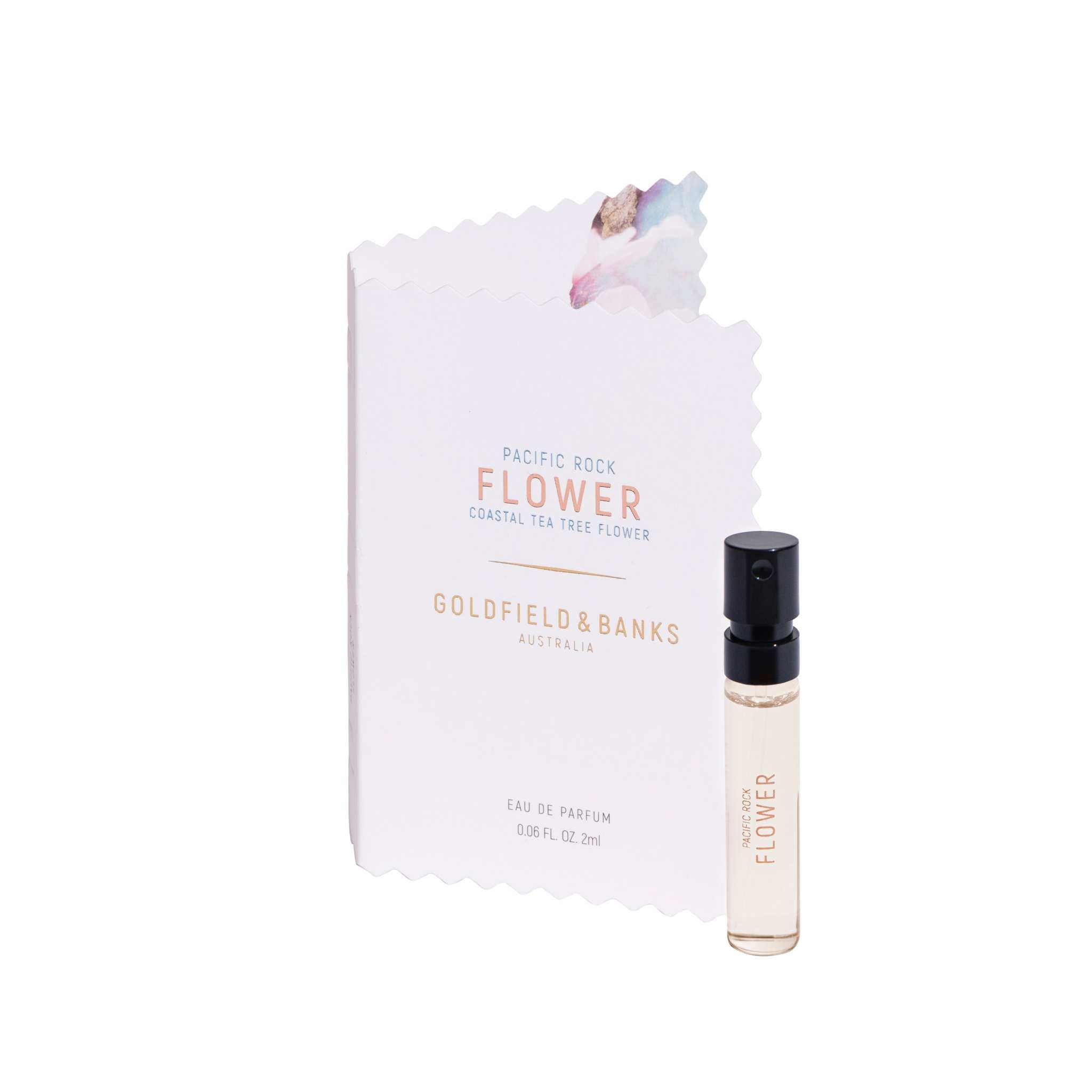 Pacific Rock Flower eau de parfum sample spray with white floral packaging by Goldfield & Banks Australia
