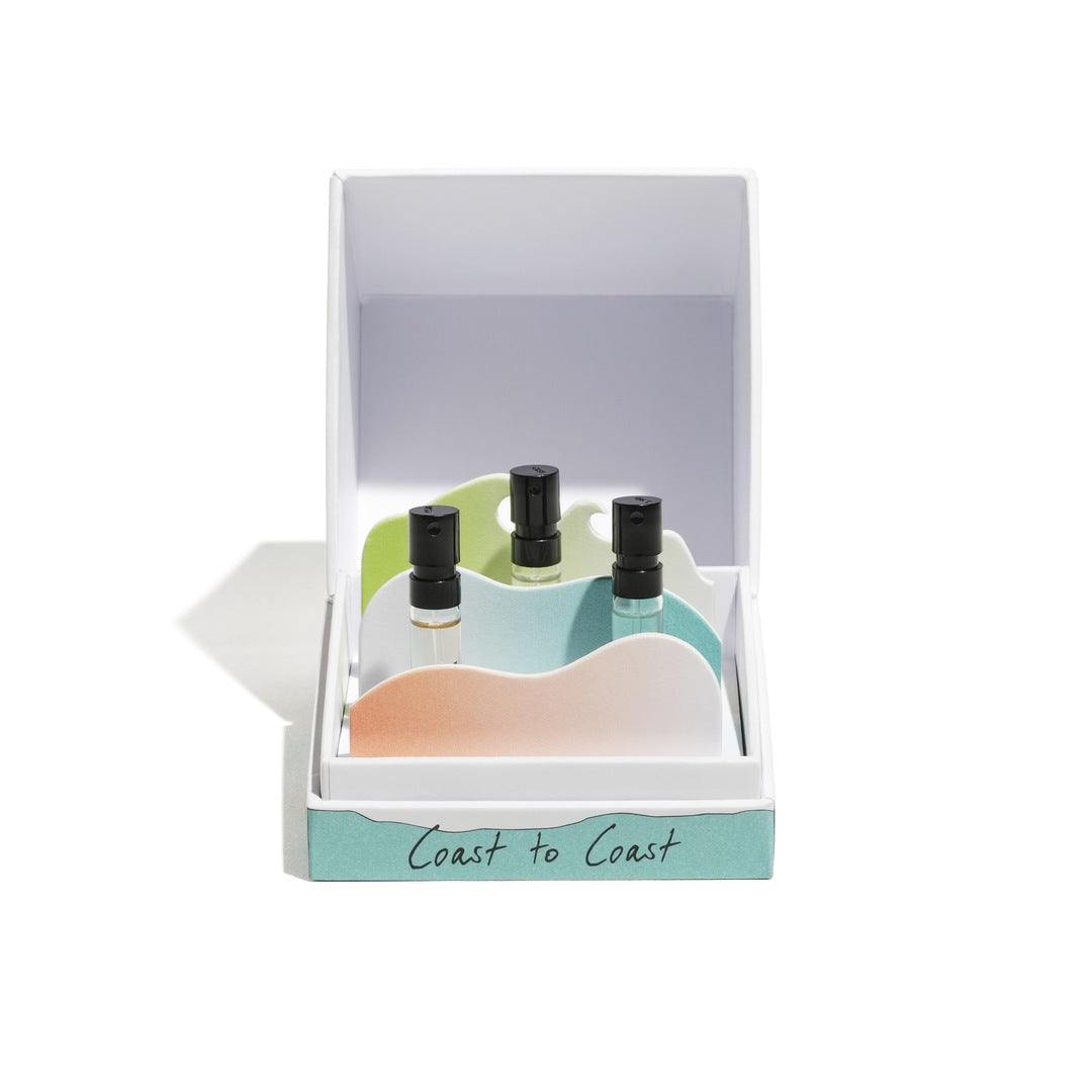 Coast to Coast Discovery Set with three 2ml scent vials in artist-designed box featuring cut-out waves reflecting Australia's coastline