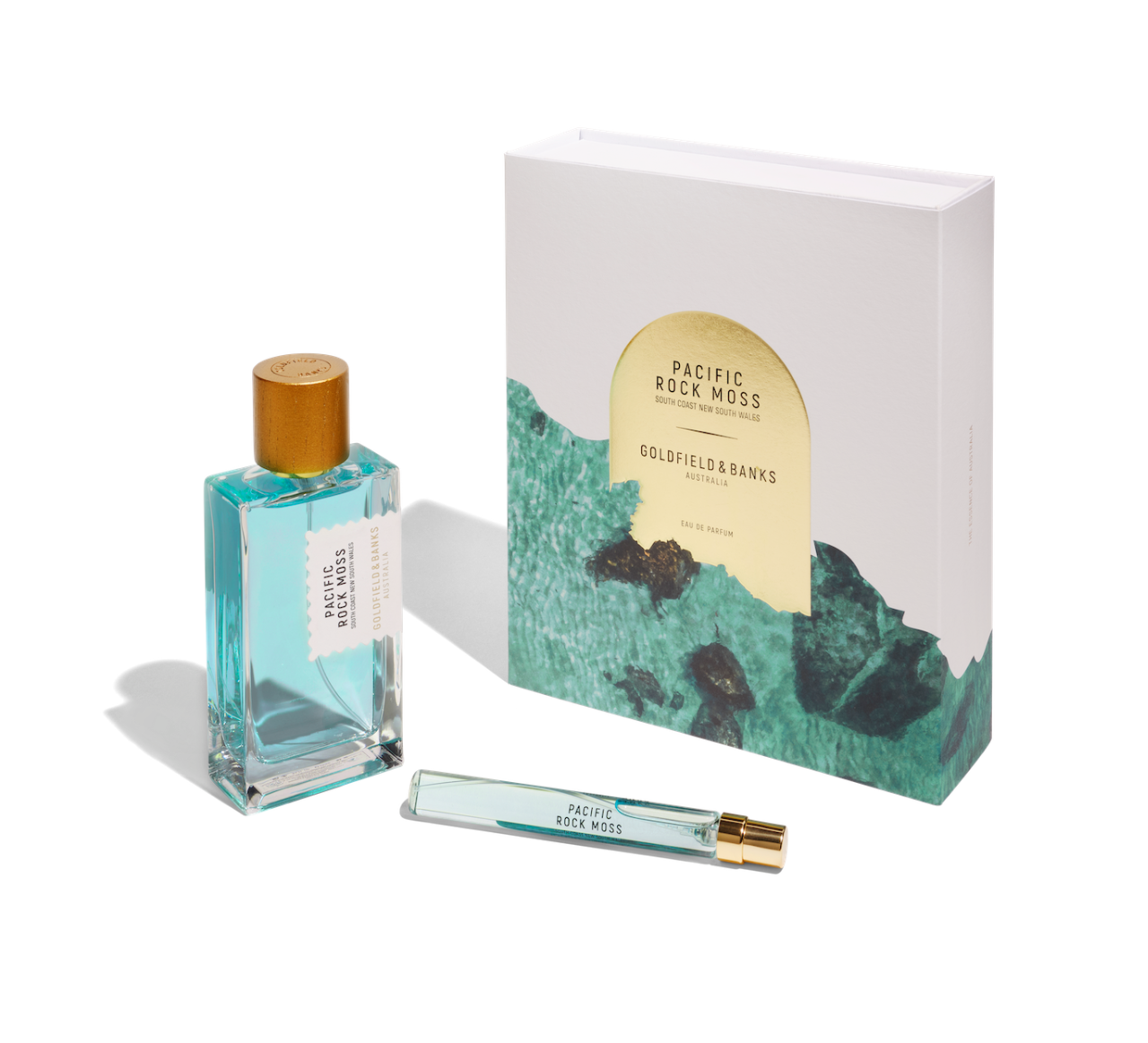 Pacific Rock Moss holiday gift set with eau de parfum and travel spray in botanical box