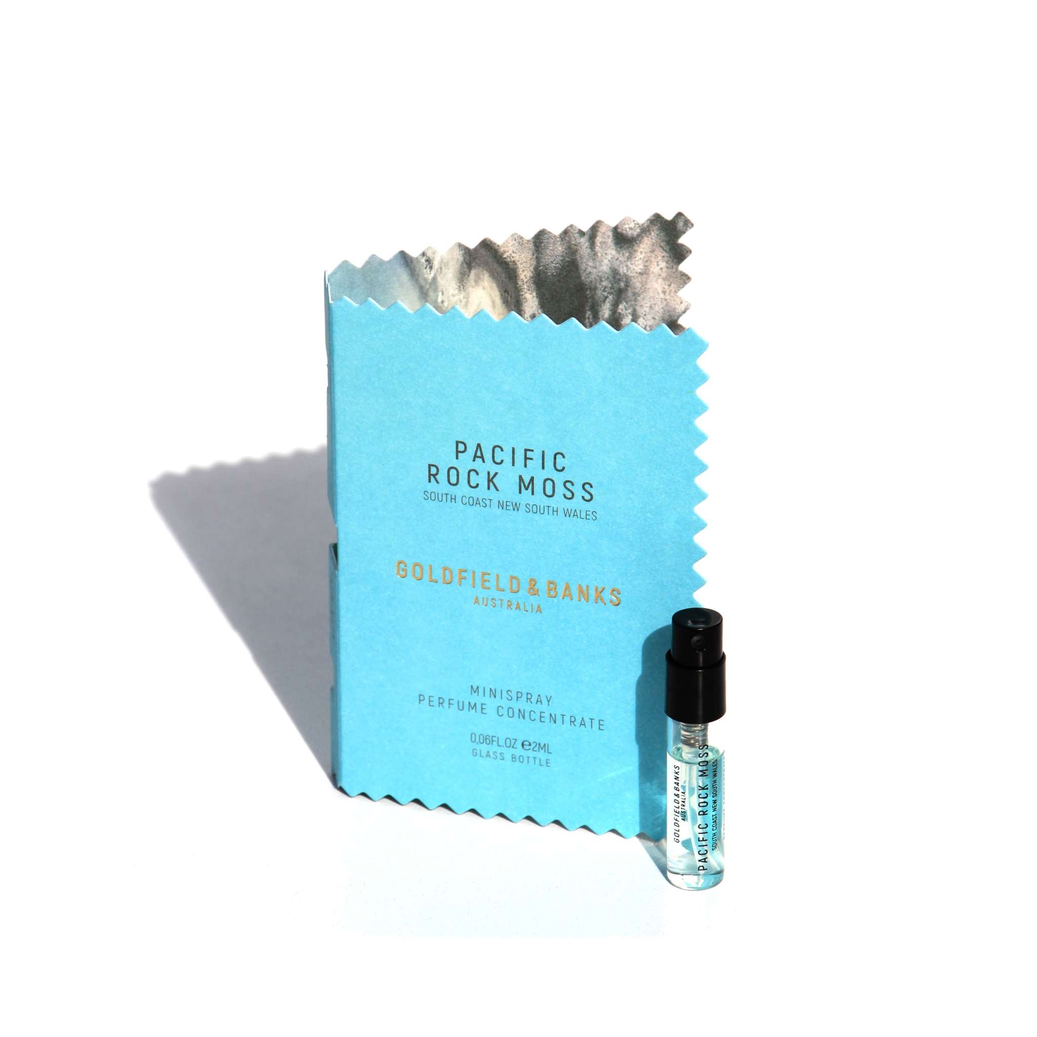 Pacific Rock Moss 2ml free sample perfume concentrate with blue packaging by Goldfield & Banks